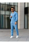 ست لباس مردانه، شلوار جگر پنبه‌ای و پیراهن، طراحی شیک و راحت مناسب فصول مختلف به رنگ آبی - 5482