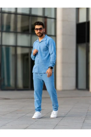 ست لباس مردانه، شلوار جگر پنبه‌ای و پیراهن، طراحی شیک و راحت مناسب فصول مختلف به رنگ آبی - 5482