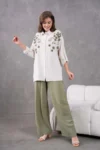 بلوز و شلوار کتان دارای طرح گلدار پری embroidered زنانه با سایز بزرگ - 5189