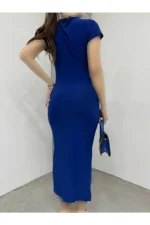 پیراهن زنانه آستین کوتاه با چین‌دار روی شانه و کمر سندی - 6138