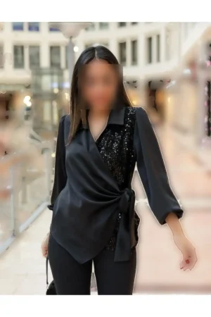 WOMEN V گردنبند اسلحه لاستیک Semi- Sequined Combed Satin Blouse - 6666