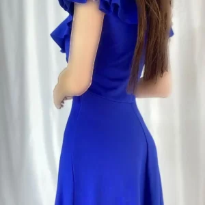 پیراهن شب بلند از پارچه کُرپ با یقه و آستین چین دار به رنگ آبی ساکس - 6142