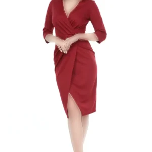 پیراهن کمر چین دار میلا با پارچه چروک قرمز آلبالویی زنانه - 6146