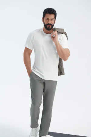 تی‌شرت بیسیک یقه گرد دار و تنگ مردانه سفید ۱۰۰٪ پنبه سریع (Slim Fit) - 6576