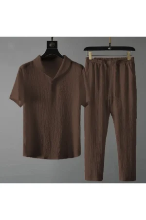 بسته پوشاک تی‌شرت و شلوار بافتی کِرینکِل - قهوه‌ای با یقه بیبی معمولی - 5514