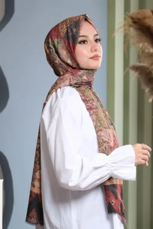 شال گل‌دار پشمی قهوه‌ای - 5967