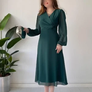 پیراهن شيفون گره‌دار زمردی - 5165