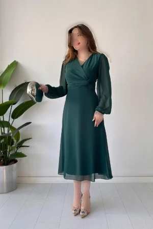 پیراهن شيفون گره‌دار زمردی - 5165