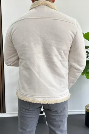 کاپشن مردانه با روکش چرم مصنوعی و آستر پشمی (سفید) Edw120 - 7290
