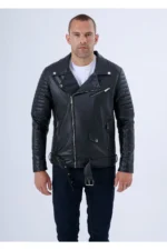 کاپشن چرم مشکی مردانه با آستر پشمی، ضد آب و باد، یقه مونو و مدل کراواتی - 7254