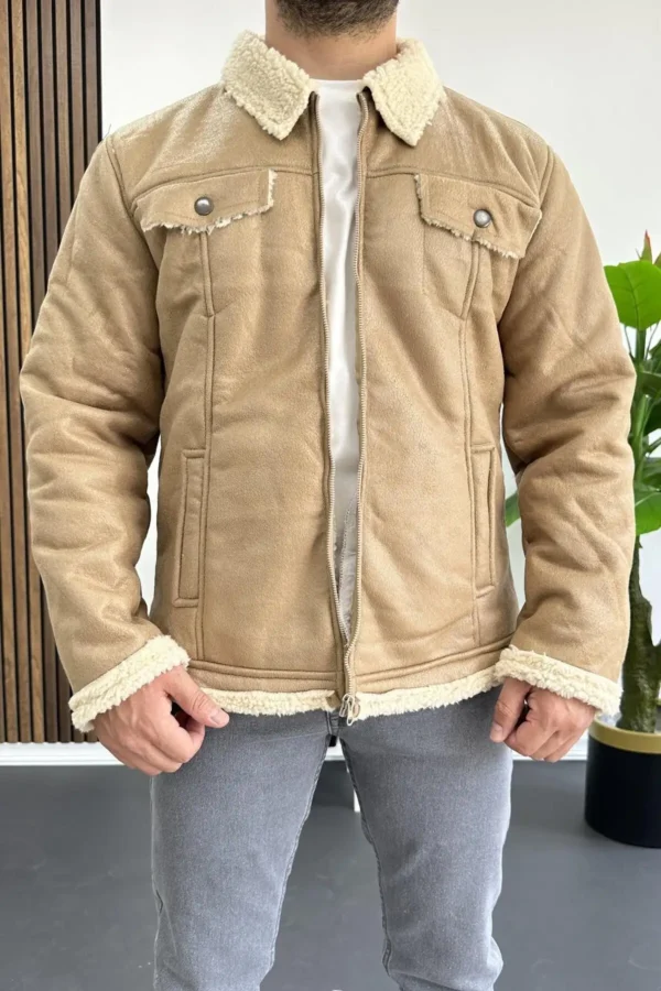 کاپشن چرم مصنوعی با آستر پشمی داخلی برای آقایان - کرم رنگ مدل Edw120 - 7297
