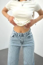 شلوار جین استرینت بافت دار مینی حکاکی سنگی زنانه با کمر بالا رنگ آبی روشن - 7430