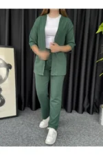 کیمونو زنانه سبز با طراحی موجدار - ست بالا و پایین - 7162