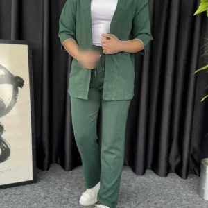 کیمونو زنانه سبز با طراحی موجدار - ست بالا و پایین - 7162