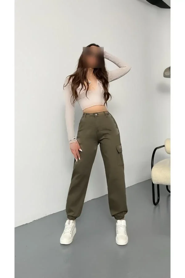 شلوار کتان گاباردین با جیپ حاکی - 7429