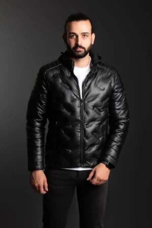 کت چرم مشکی کلاهدار مردانه - 7264