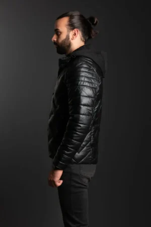 کت چرم مشکی کلاهدار مردانه - 7264