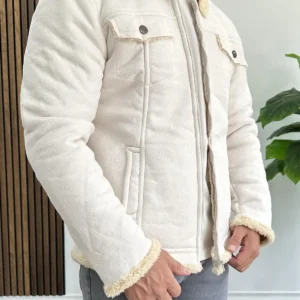 کاپشن مردانه با روکش چرم مصنوعی و آستر پشمی (سفید) Edw120 - 7290
