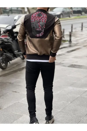 کاپشن چرم با نقش جمجمه در پشت - 7300