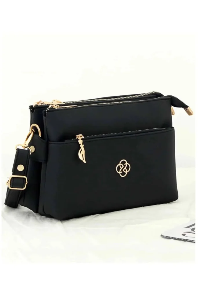 کیف زنانه دوشی سه بخشه از چرم با کیفیت سیاه هاب - 6963