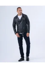 کاپشن چرم مشکی مردانه با آستر پشمی، ضد آب و باد، یقه مونو و مدل کراواتی - 7254