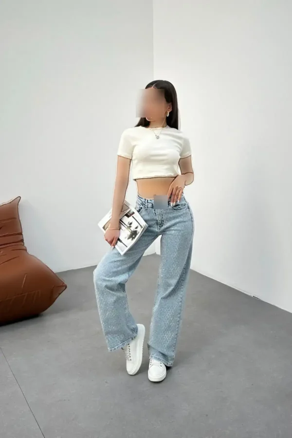 شلوار جین استرینت بافت دار مینی حکاکی سنگی زنانه با کمر بالا رنگ آبی روشن - 7430