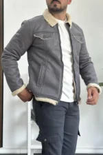 کت مردانه کتی چرم مصنوعی با آستر خز خاکستری Edw120 - 7291