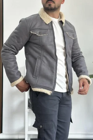 کت مردانه کتی چرم مصنوعی با آستر خز خاکستری Edw120 - 7291