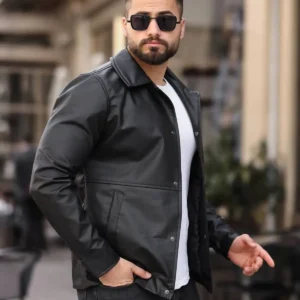 کاپشن چرم مشکی مردانه - فصل جدید - 7261