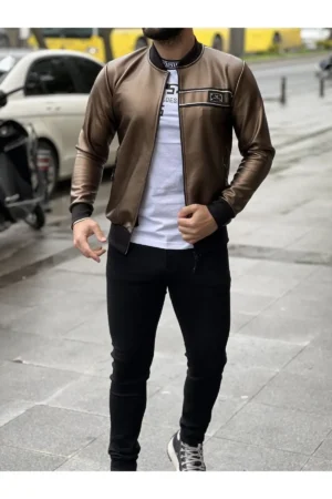 کاپشن چرم با نقش جمجمه در پشت - 7300