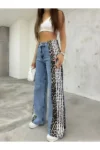 شلوار جین زنانه با کمر بالا، طرح لئوپارد آبی و نوار کناری عریض - 7438