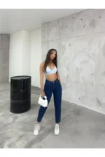 شلوار جین مادر با فری سایز و کمر بلند قابل انعطاف/لیکرا برای زنان - 7435