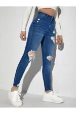 جین پاره یرخی شلوار بلند لاغر - شستشوی تیره - 7066