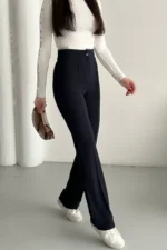 شلوار زنانه پلوزو با کمر بلند و کشی به رنگ آبی تیره - 7422