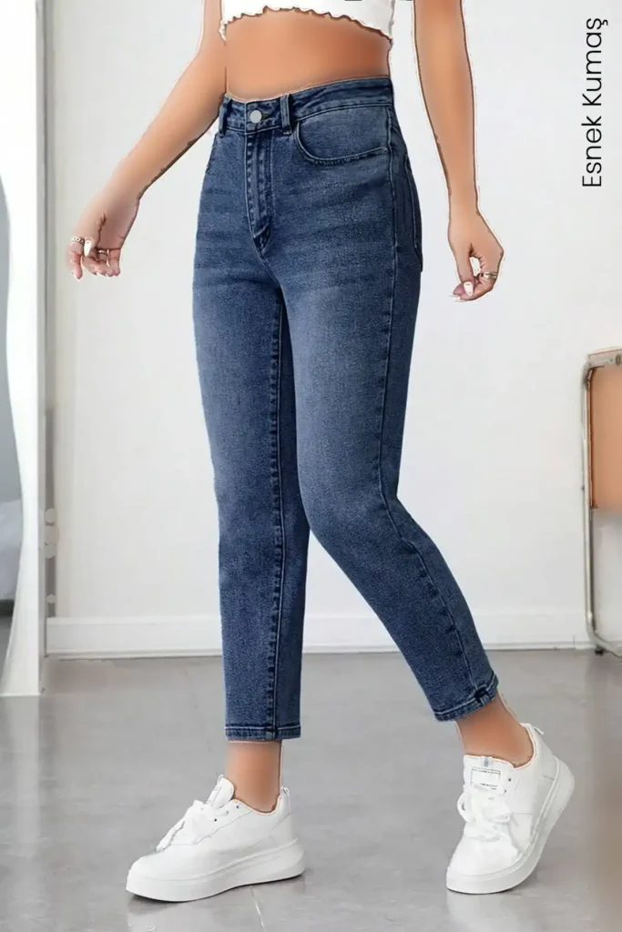 شلوار جین مام فیت با فاق بلند کشی آبی زنانه ترک