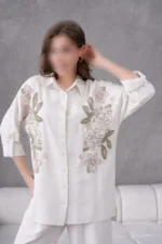 بلوز و شلوار کتان زنانه با طرح گل‌دار و گلدوزی شده، اورسایز - 7163