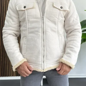 کاپشن مردانه با روکش چرم مصنوعی و آستر پشمی (سفید) Edw120 - 7290