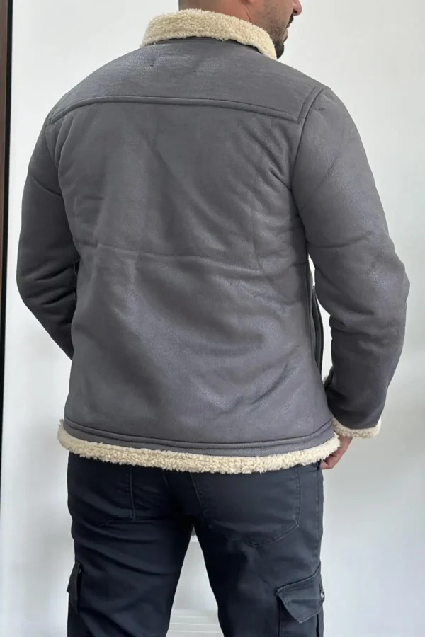 کت مردانه کتی چرم مصنوعی با آستر خز خاکستری Edw120 - 7291