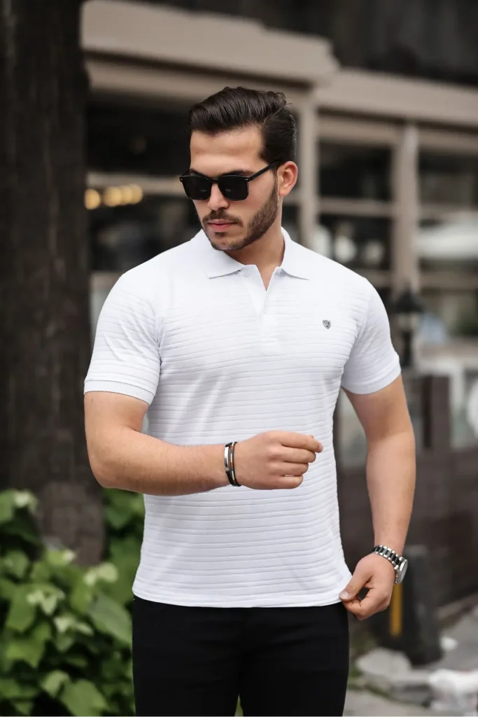 تی شرت مردانه با برش اسلیم فیت یقه پولویی از 100% پارچه پنبهای سفید - 7119