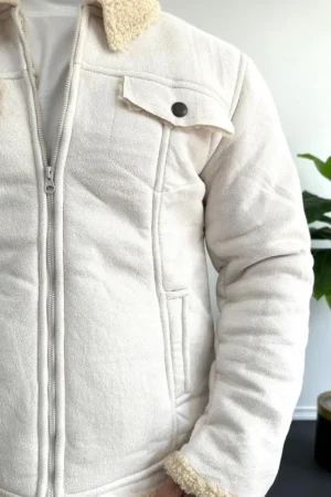 کاپشن مردانه با روکش چرم مصنوعی و آستر پشمی (سفید) Edw120 - 7290