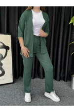 کیمونو زنانه سبز با طراحی موجدار - ست بالا و پایین - 7162