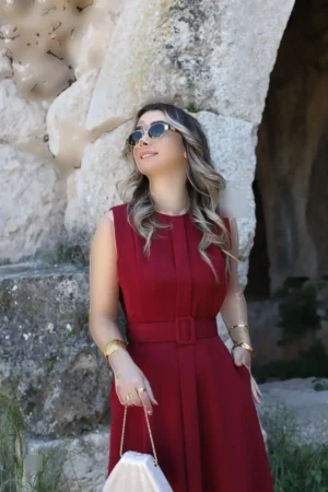 پیراهن کمردار bordo aller detay - 8141