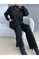 ست لباس زنانه شامل ژاکت و شلوار بافتنی شیک - 8215