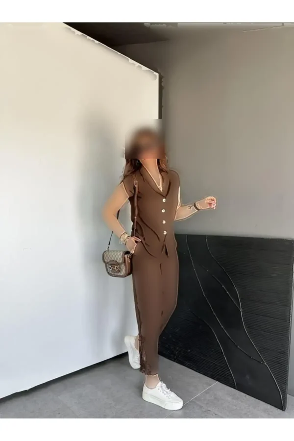ست کتانی با لبه قهوه‌ای - 8191