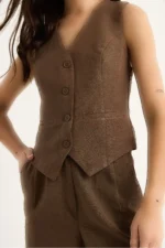 ست بالا و پایین شامل جلیقه کتان زنانه و شلوار بلند با کمر بلند 9257 60281047 - 8217