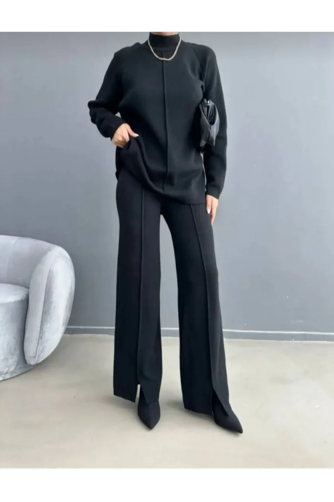 ست لباس زنانه شامل ژاکت و شلوار بافتنی شیک - 8215