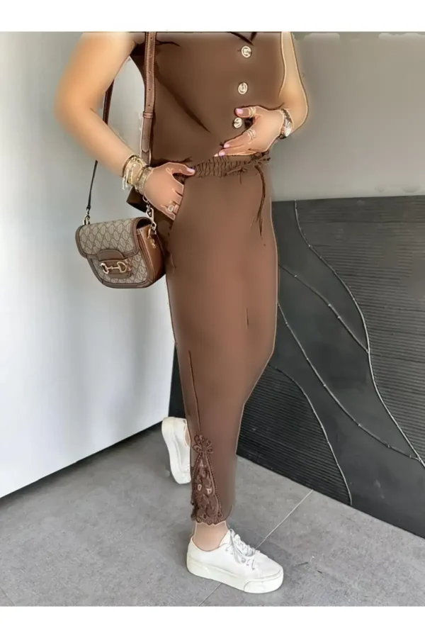 ست کتانی با لبه قهوه‌ای - 8191