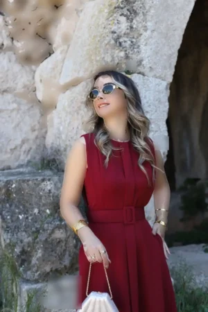 پیراهن کمردار bordo aller detay - 8141