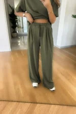 ست شلوار و تی-shirt زنانه با آستین کوتاه از مدل موالات پنیه، با کمر بلندی و شلوار گشاد. - 8168