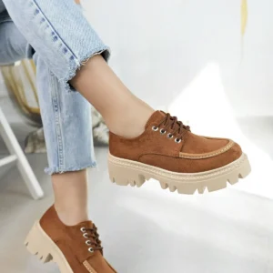 کفش loafer زنانه با بند عرقی از جیر قهوه‌ای تیره - 7618